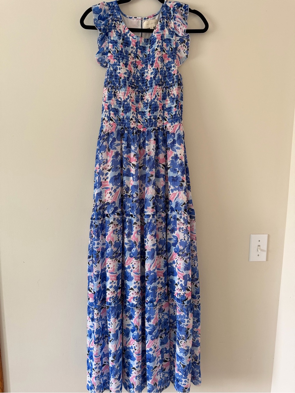 MELLODAY Blue Floral Smocked Maxi Dress with Ruffle Shoulders